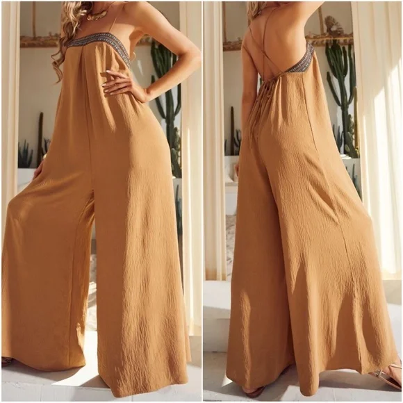 Boho Lace up Casual Wide Leg Jumper Jumpsuit